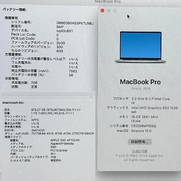 MacBook Pro 16インチ 2019  2.3GHz Core i9 16GB 1TB A2141 美品 シルバー