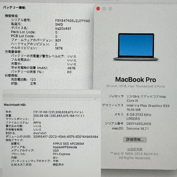 MacBook Pro 13インチ 2018  2.3GHz Core i5 8GB 256GB MR9Q2J/A 美品 スペースグレイ