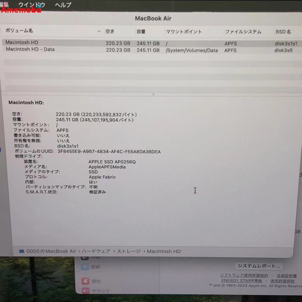 MacBook Air M1 2020 8GB 256GB MGN93J/A 美品 8GB/256GB シルバー