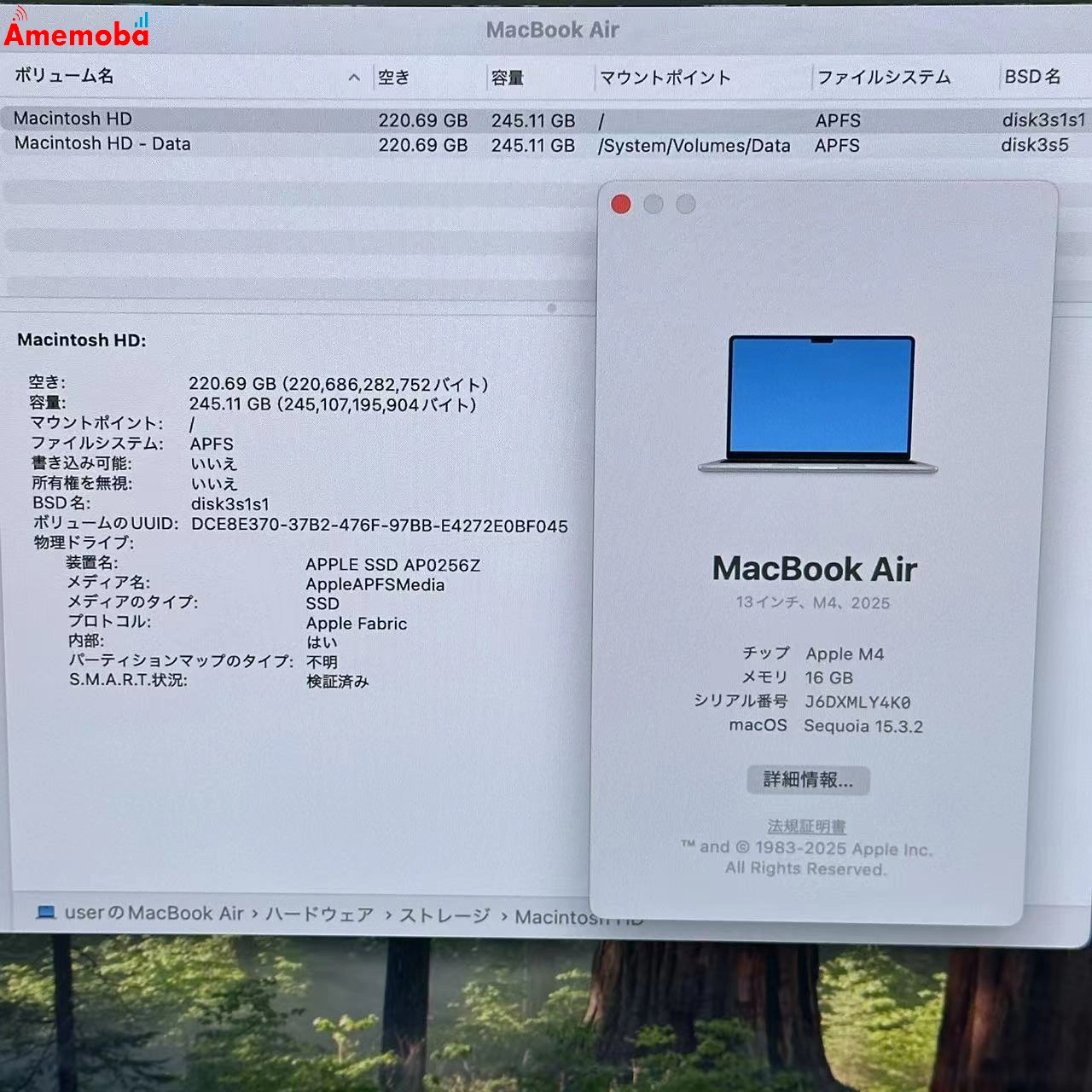 MacBook Air 13インチ M4 2025 16GB 256GB MW0W3J/A 新品同様 16GB/256GB シルバー