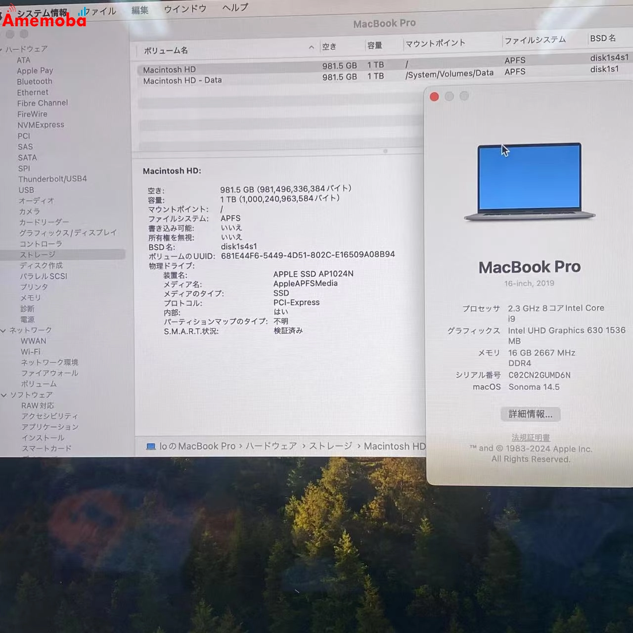 MacBook Pro 16インチ 2019 2.3GHz Core i9 16GB/1TB  A2141 スペースグレイ 美品