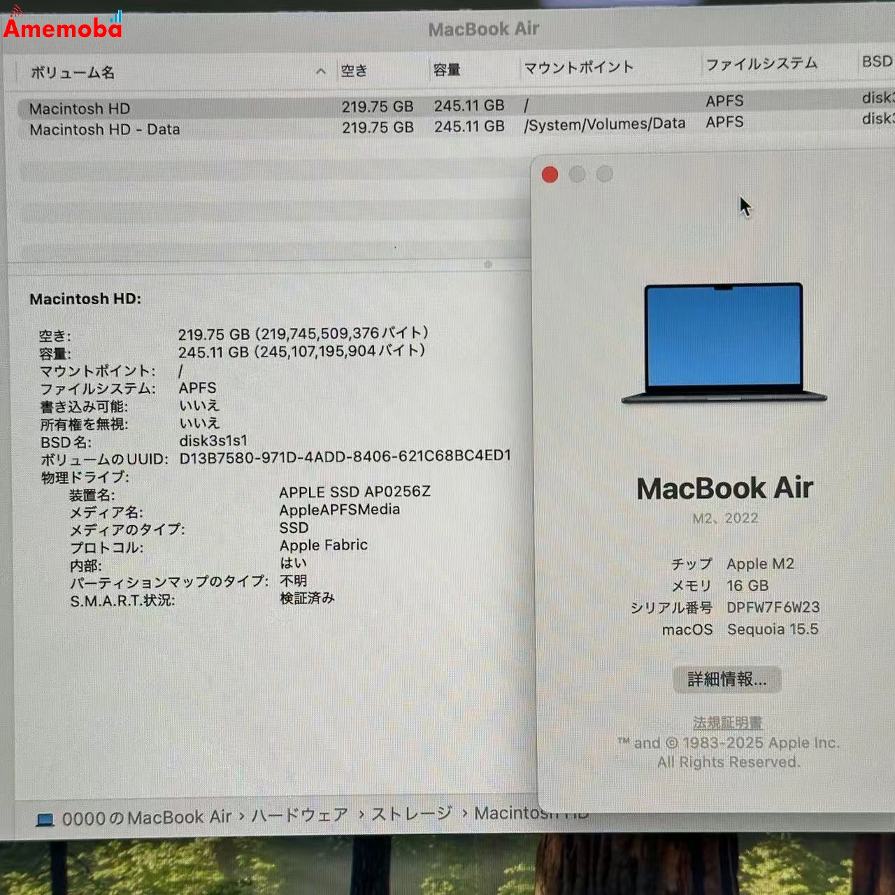 MacBook Air M2 2022 16GB 256GB Z16000949 ミッドナイト 新品同様 16GB/256GB