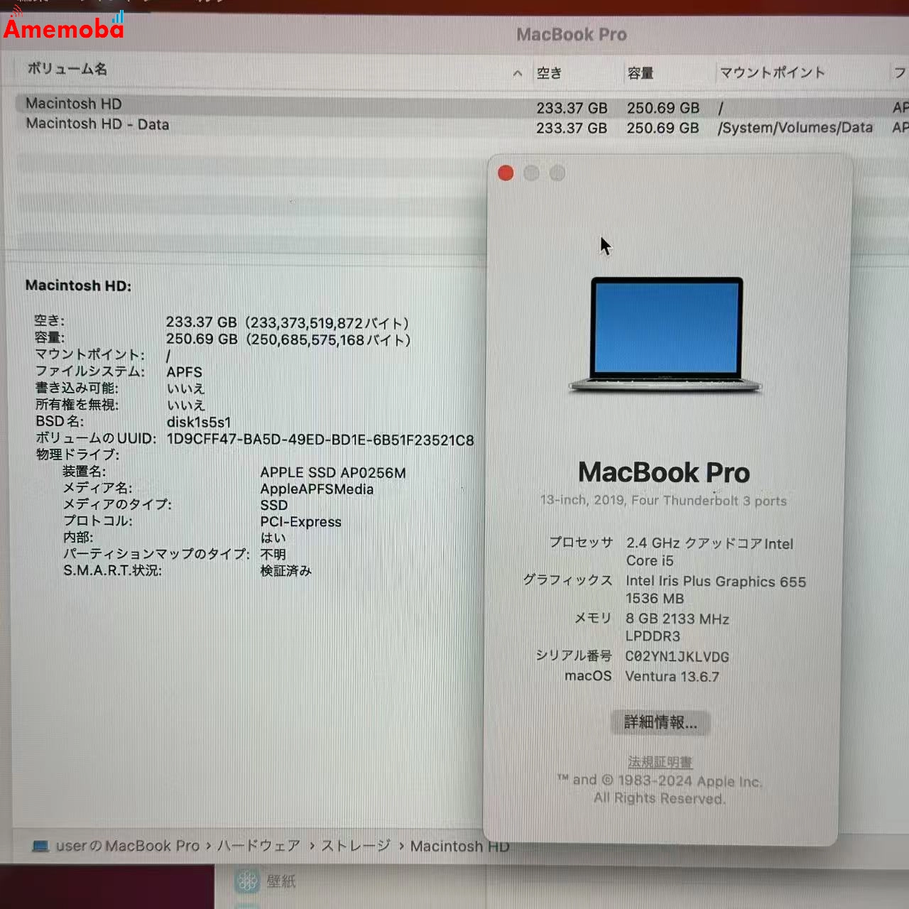 MacBook Pro 13インチ Mid2019 Corei5 2.4Ghz 8GB/256GB シルバー MV992J/A ジャンク品