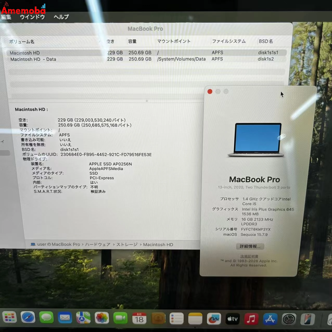 MacBook Pro 13インチ 2020 Two Thunderbolt 3 ports 256GB シルバー A2289 極美品